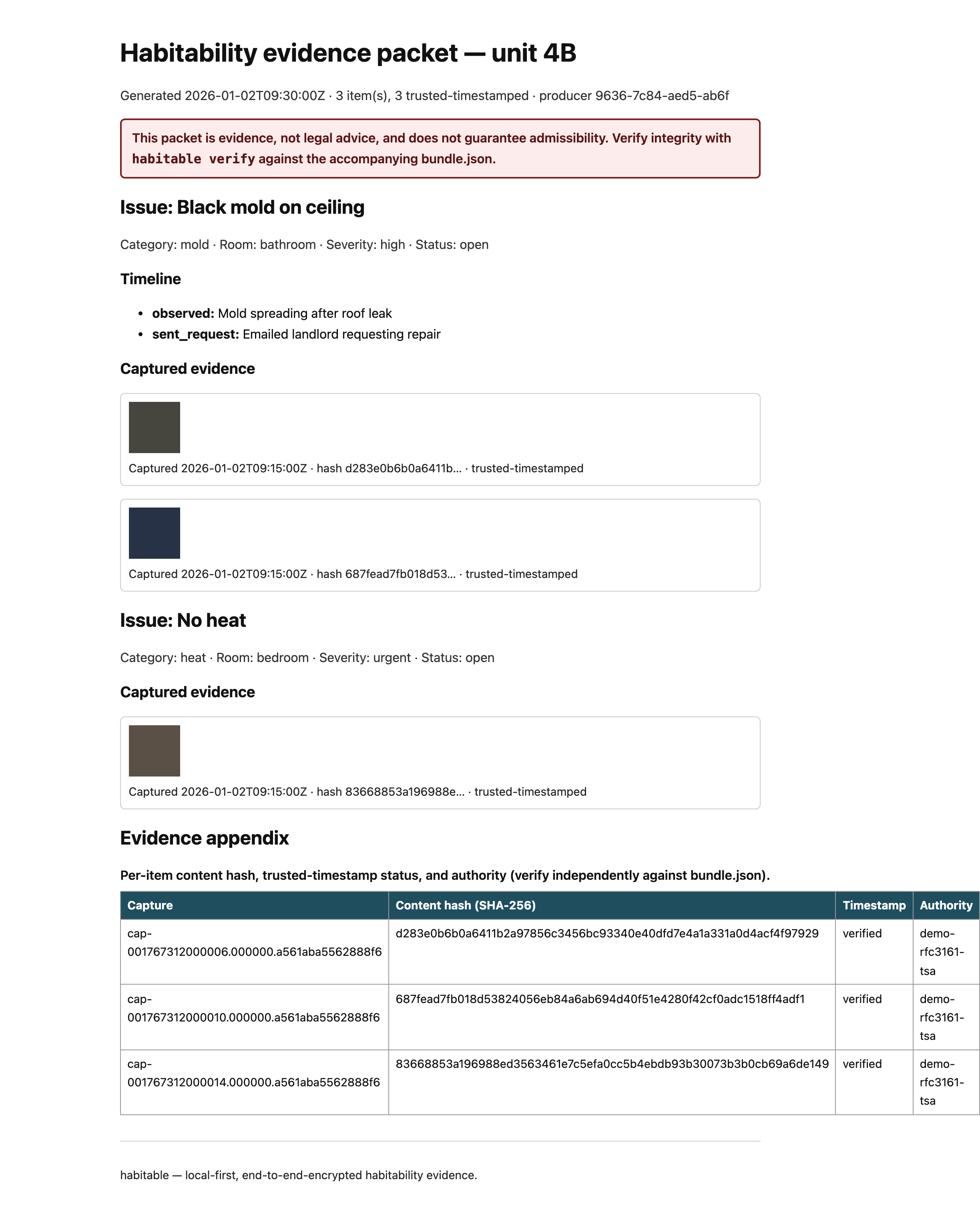 A habitability evidence packet rendered as an accessible
            web page: title, generated date and counts, an issue with its timeline and a captured
            photo, and an evidence appendix table of content hashes and timestamp status.